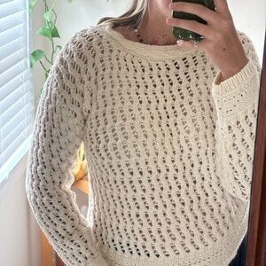 open knit cotton sweater with cableknit collar small